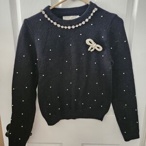 Crew Neck Black Pearl-Embellished Sweater